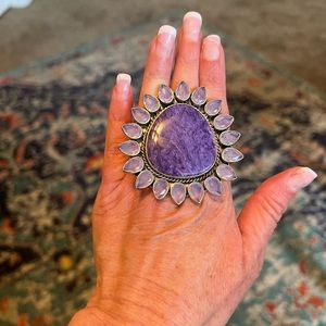 Krush Kandy Charoite and Kunzite cluster sterling silver adjustable ring.